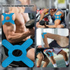 Cinta kinesiológica azul aplicada a diferentes partes del cuerpo como brazo, pierna y torso para soporte muscular.