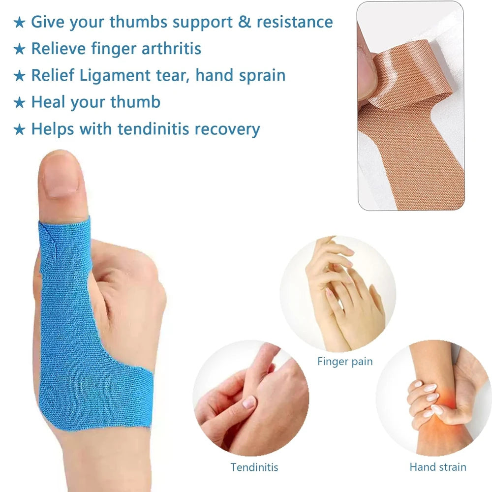 Cinta kinesiológica azul para soporte de pulgar y articulaciones, usada para aliviar artritis, desgarros de ligamentos, esgui