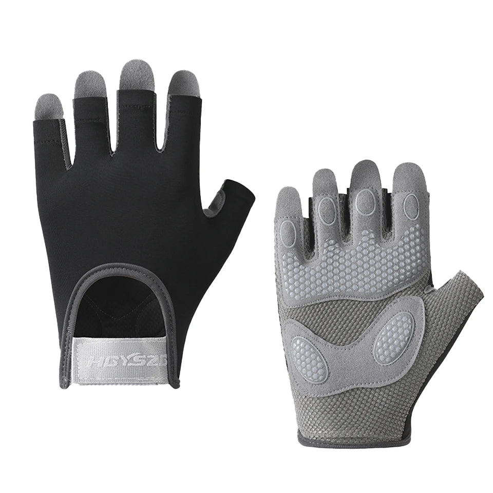A pair of black and gray comfort cycling and workout gloves shown from the palm side.