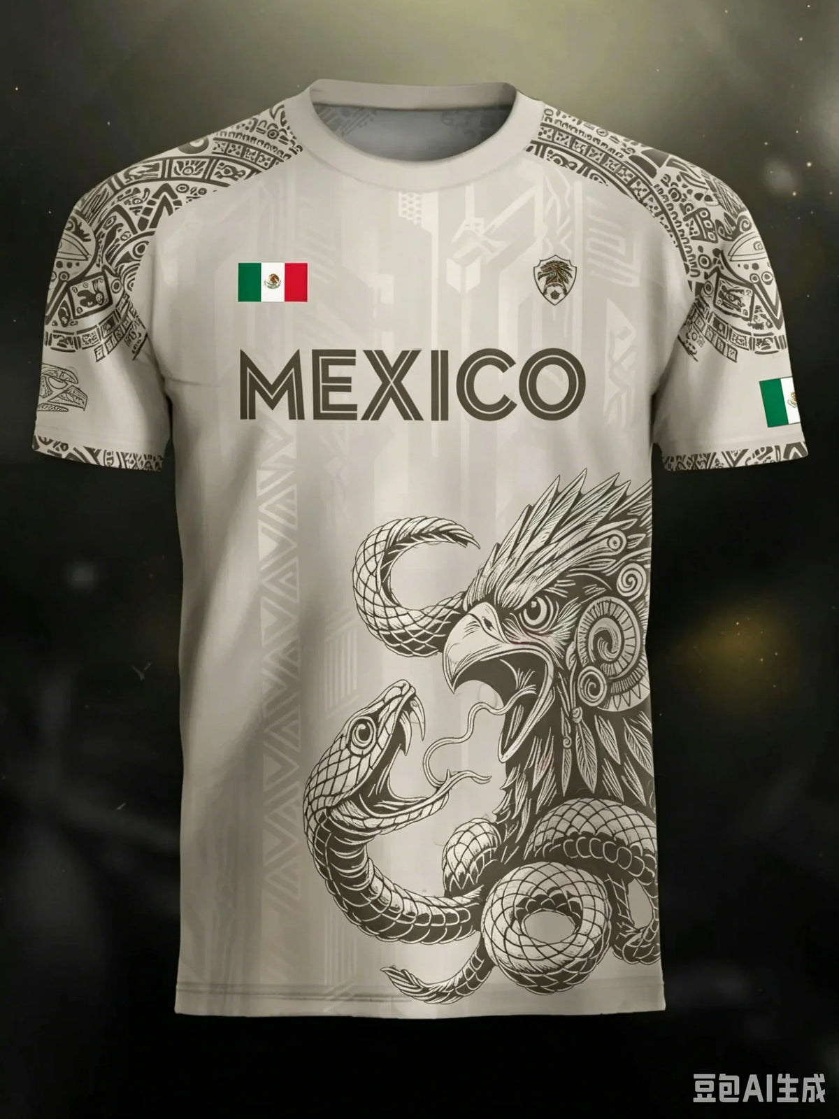 A white soccer jersey featuring an Aztec calendar design and the word MEXICO on the chest.