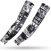 A pair of black and white patterned sports arm sleeves for UV protection