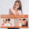 A woman demonstrates a heated shoulder brace wrap for pain relief, showing various conditions like shoulder pain and tendon i