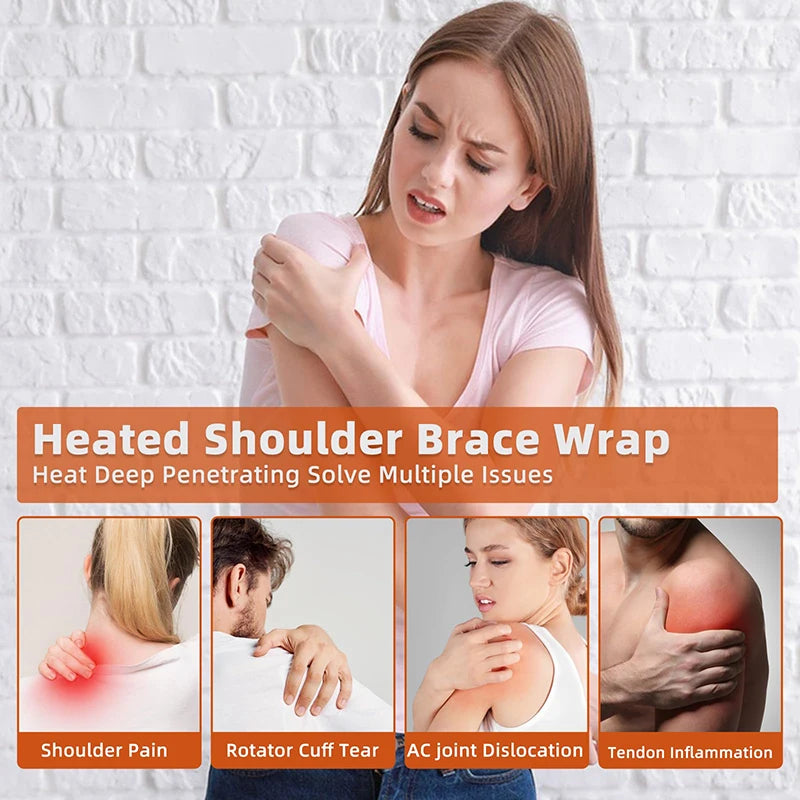 A woman demonstrates a heated shoulder brace wrap for pain relief, showing various conditions like shoulder pain and tendon i