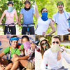 A collage of people wearing multi-functional UV protection head wraps and bandanas in various colors and settings.