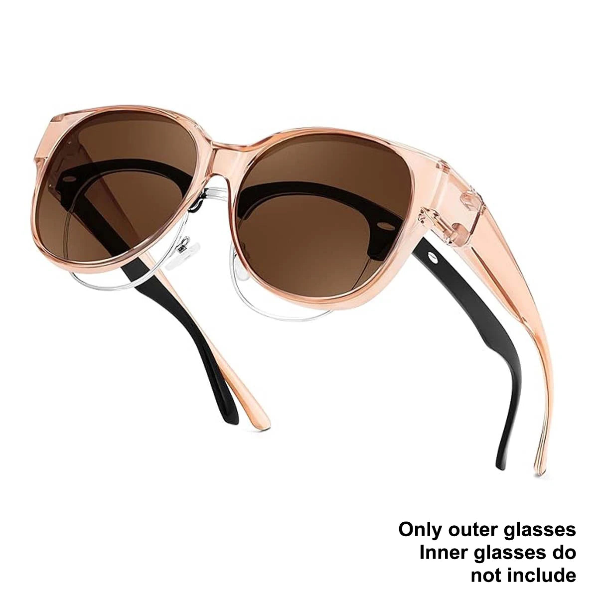 A pair of rose gold wrap-around sunglasses with glasses compatibility, showing the outer frame and lenses.