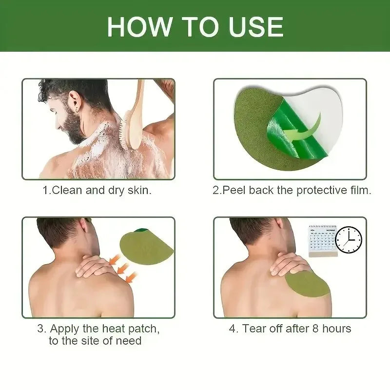 Instructions showing how to use acupressure heat patches for neck and shoulder relief, including cleaning, peeling the film, 