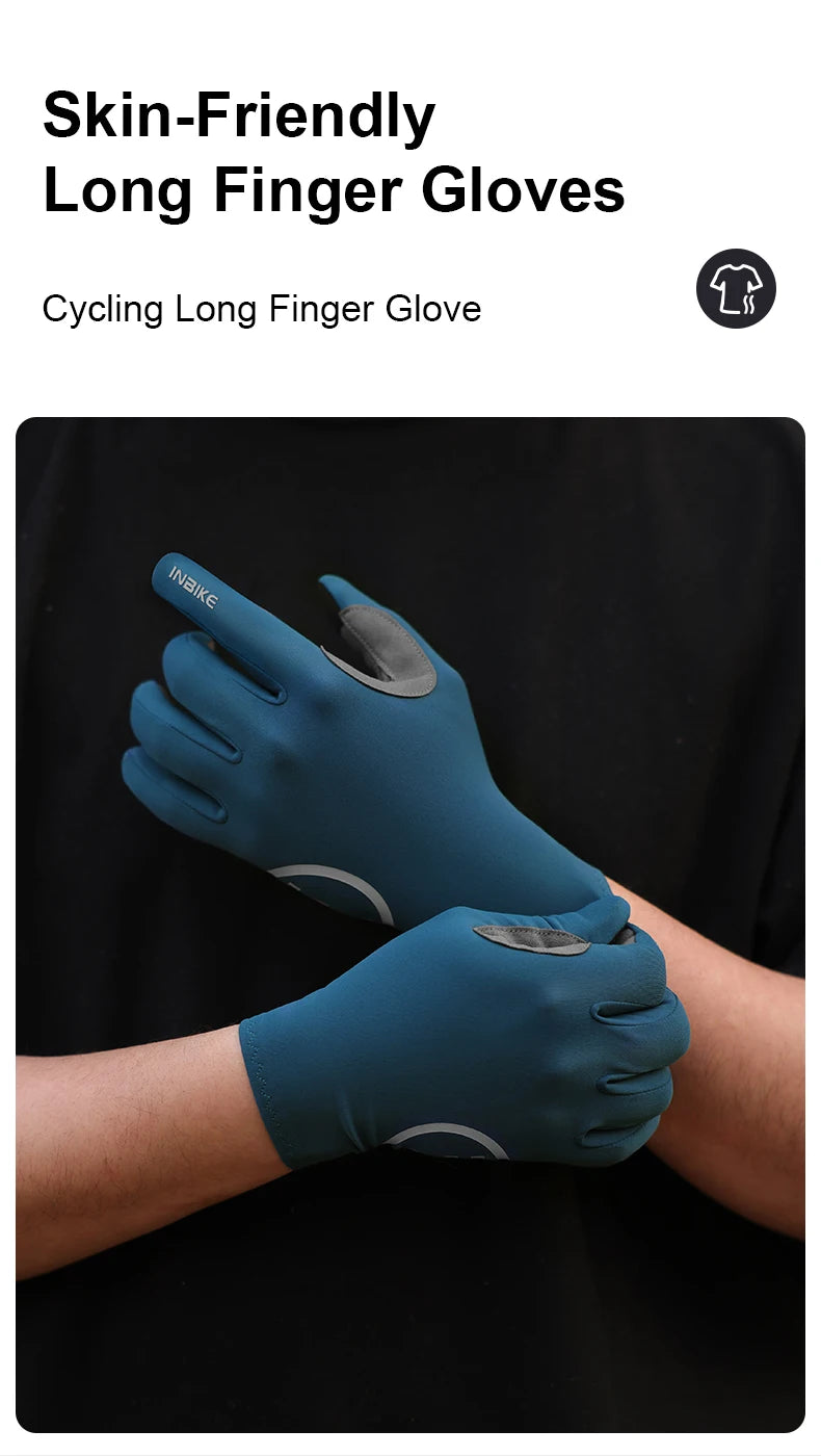 A close-up of a teal cycling long finger glove being worn on a hand against a dark background.