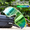 Light-sensitive colour change photochromic cycling sunglasses showing a vibrant green tint.