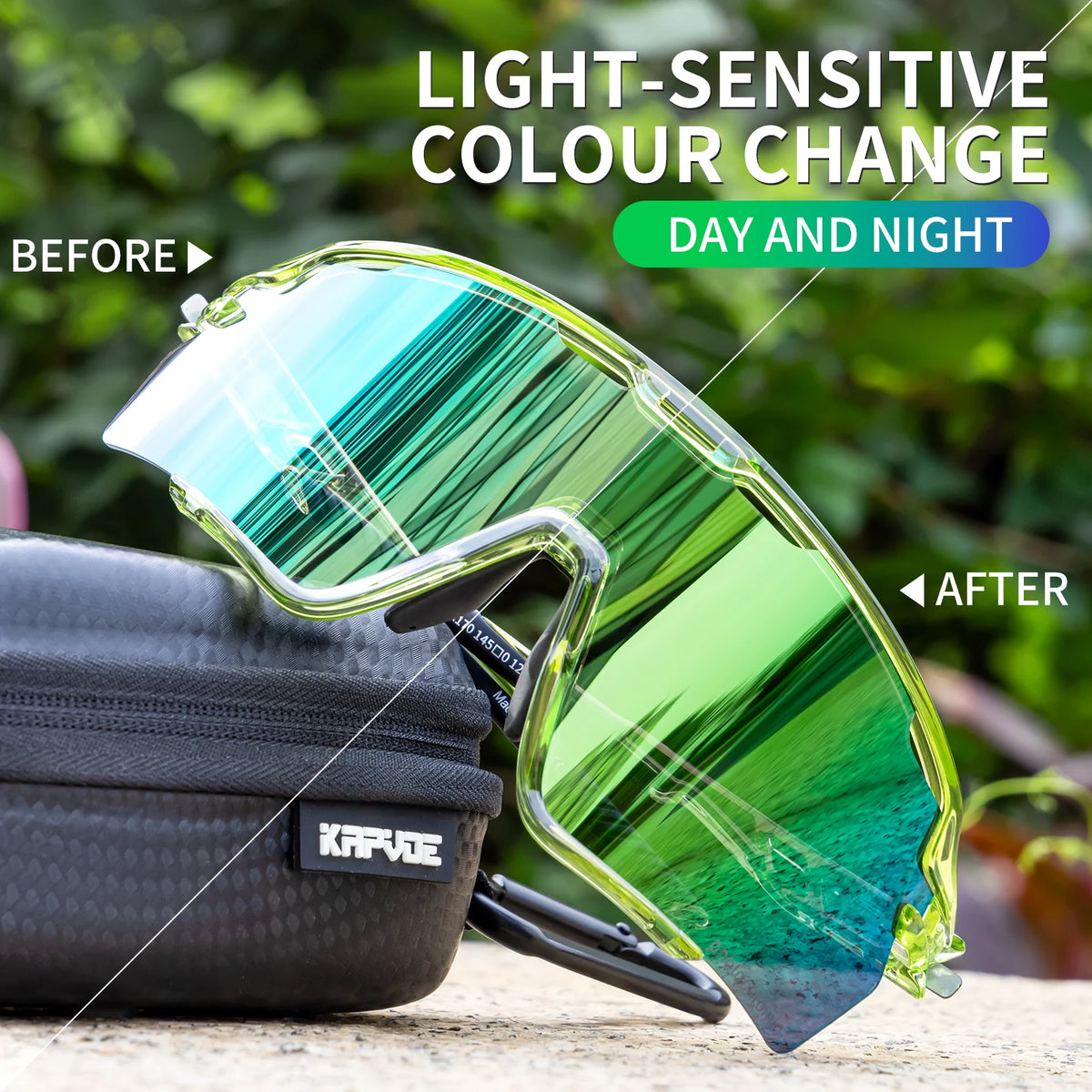 Light-sensitive colour change photochromic cycling sunglasses showing a vibrant green tint.