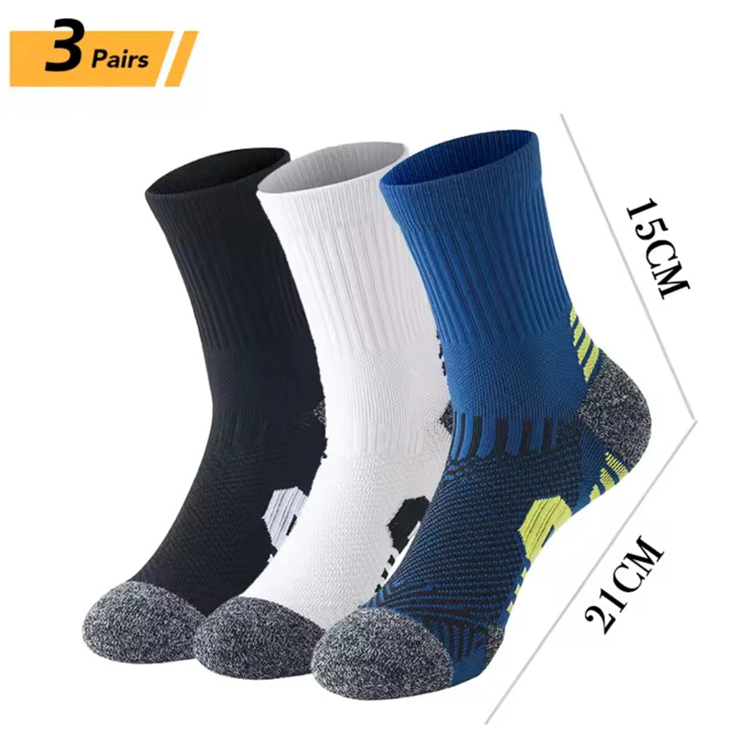 Three pairs of men's performance running and sport socks in black, white, and blue.