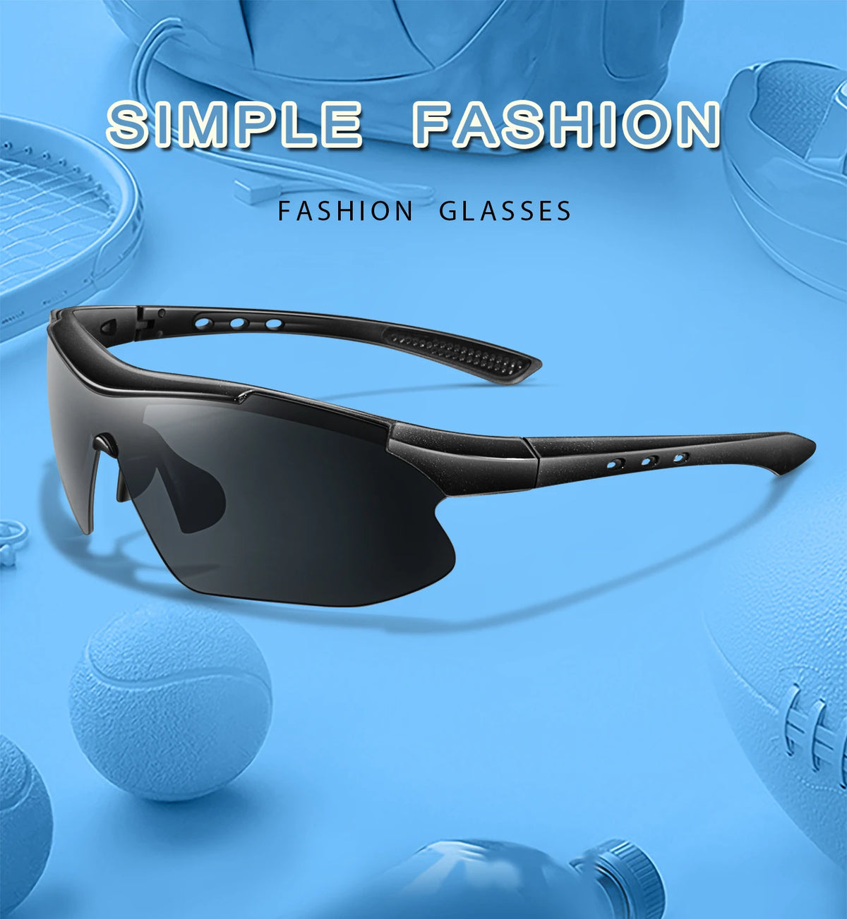 Monture de lunettes de sport noires affichée sur un fond bleu clair avec diverses balles de sport bleues.