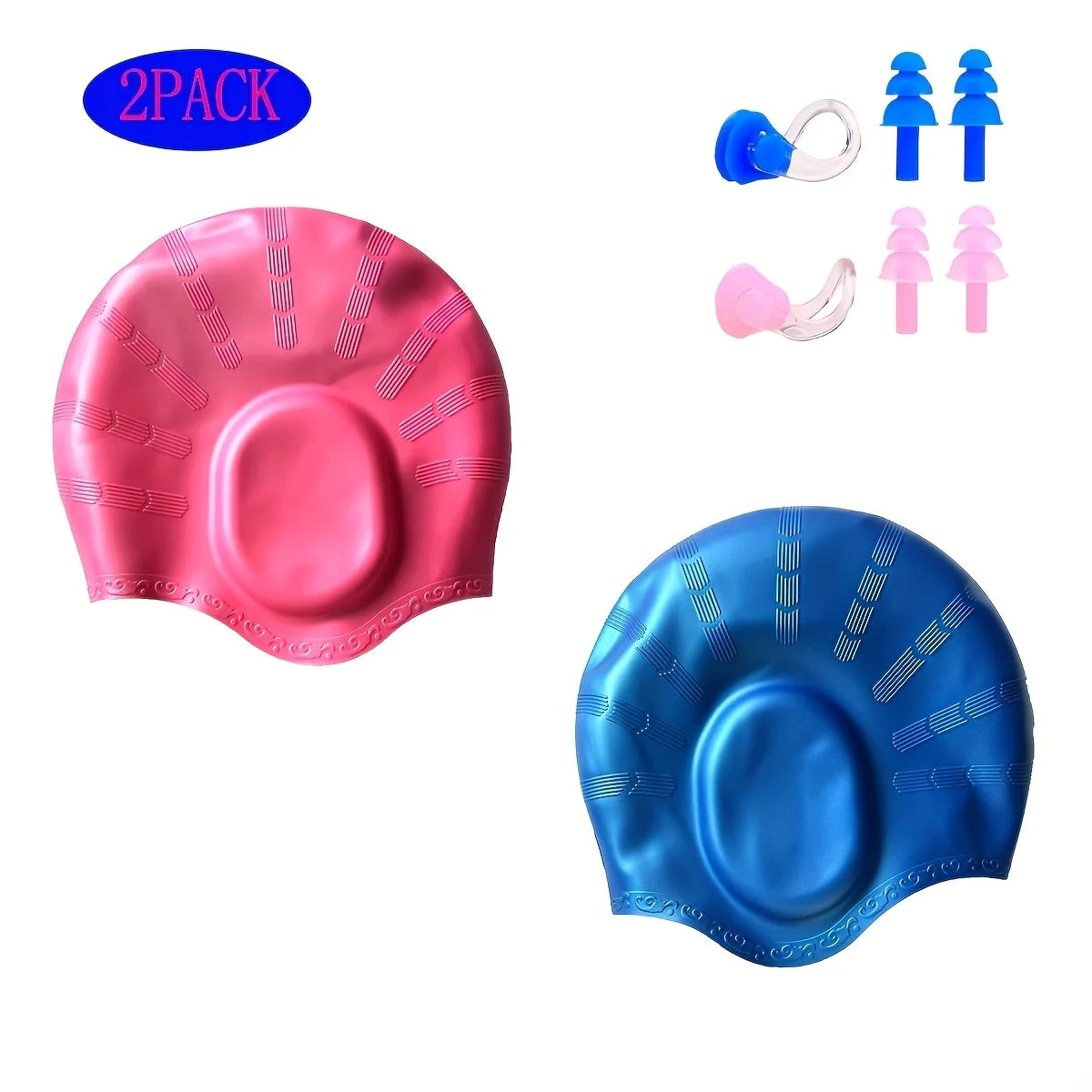 Ein Set aus zwei Silikon-Schwimmhauben in rosa und blau zum Haarschutz