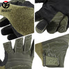 A close-up view of olive green tactical touchscreen sports gloves showing the texture and design.
