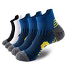 A pack of three navy blue and gray men's performance running socks displayed on a white background.