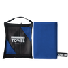 A black microfiber towel bag with a blue towel visible inside, labeled Microfiber Towel Beach-Sports-Travel.