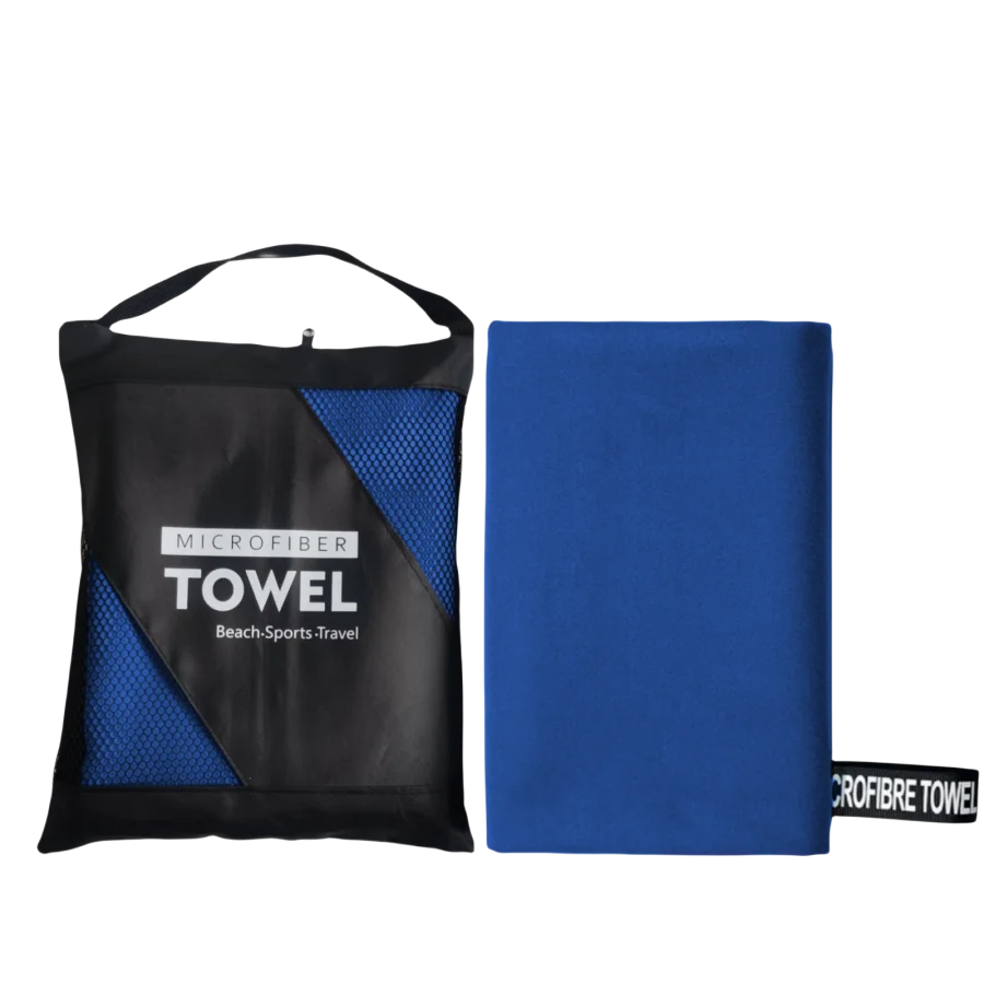 A black microfiber towel bag with a blue towel visible inside, labeled Microfiber Towel Beach-Sports-Travel.