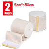 Two rolls of beige hook and loop elastic compression wraps, measuring 5cm by 450cm.