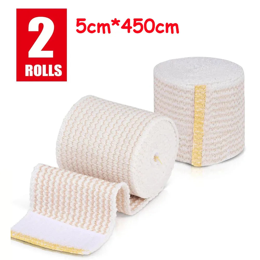 Two rolls of beige hook and loop elastic compression wraps, measuring 5cm by 450cm.