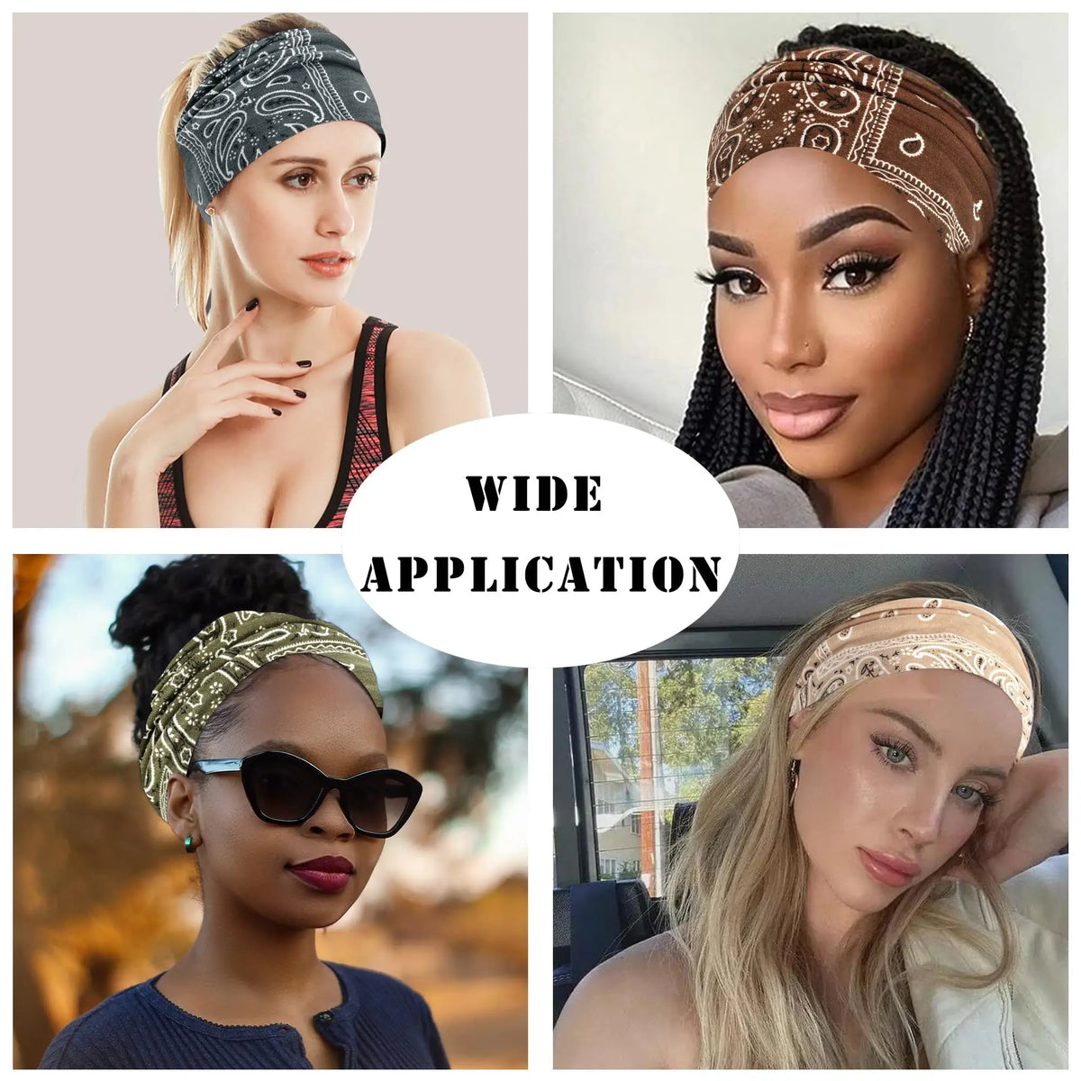 Close-up photos of women wearing boho print cotton headbands for hair and workout