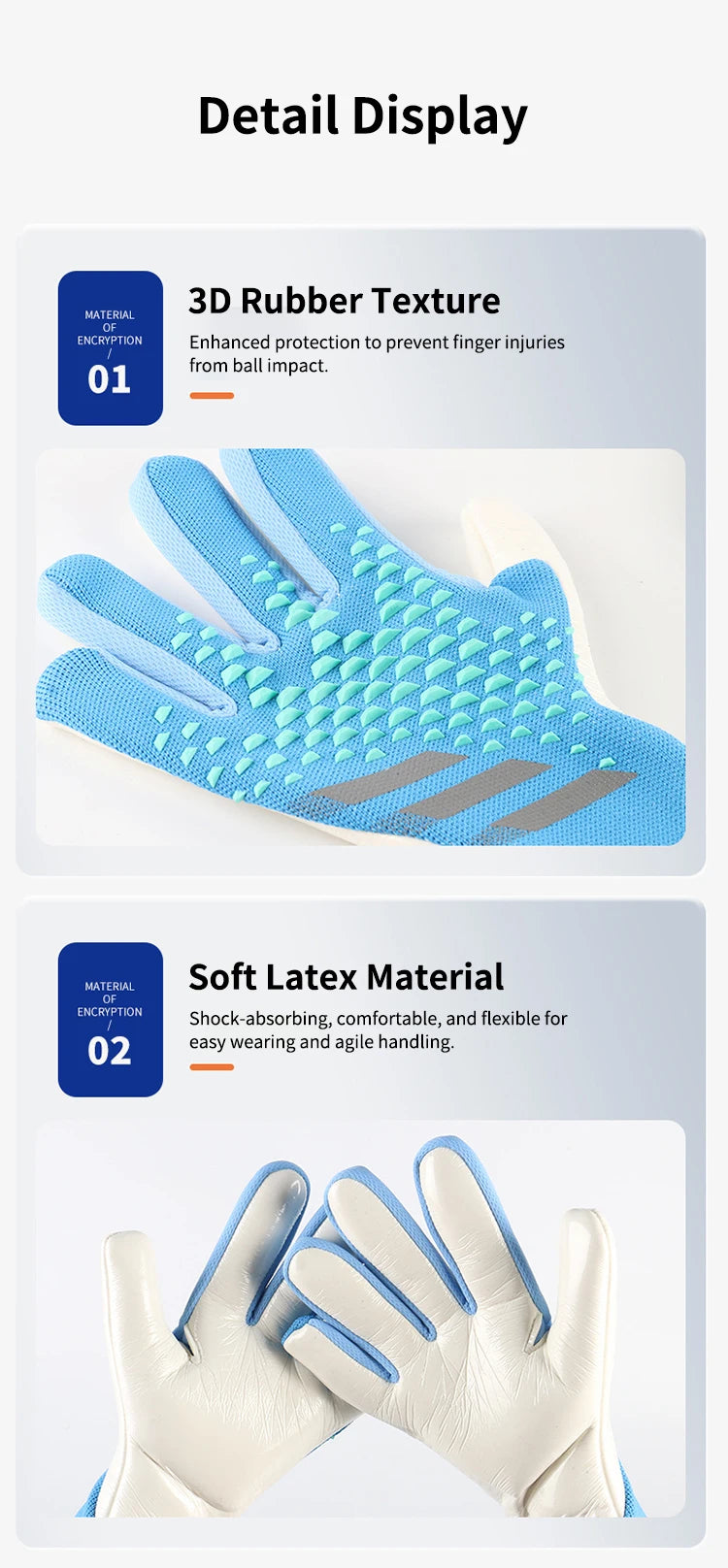 Close-up display of blue 3D rubber texture and soft latex material on goalkeeper gloves.
