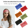 A model wearing a pink headband, surrounded by six folded colored headbands.
