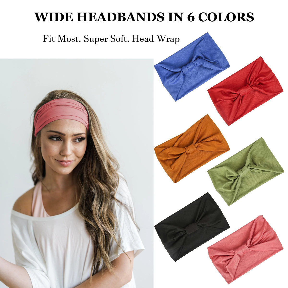 A model wearing a pink headband, surrounded by six folded colored headbands.