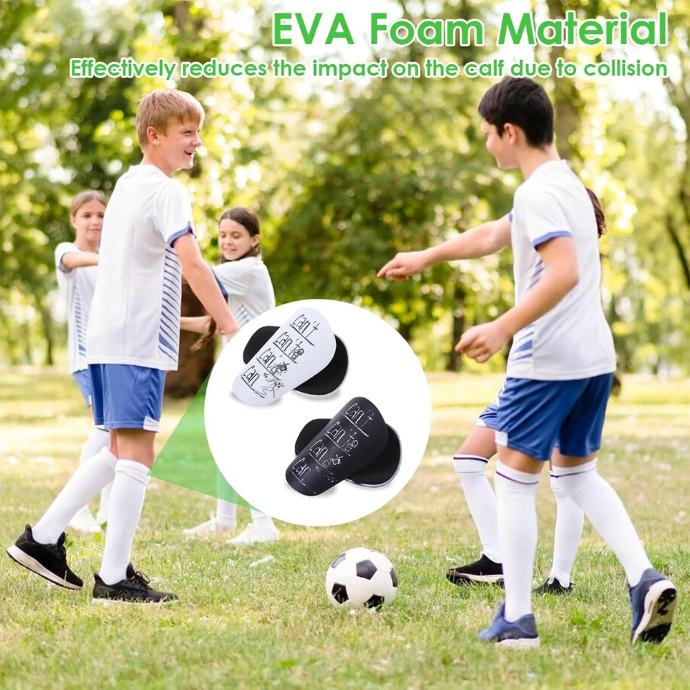 EVA foam material shin guards for soccer training shown on a grassy field