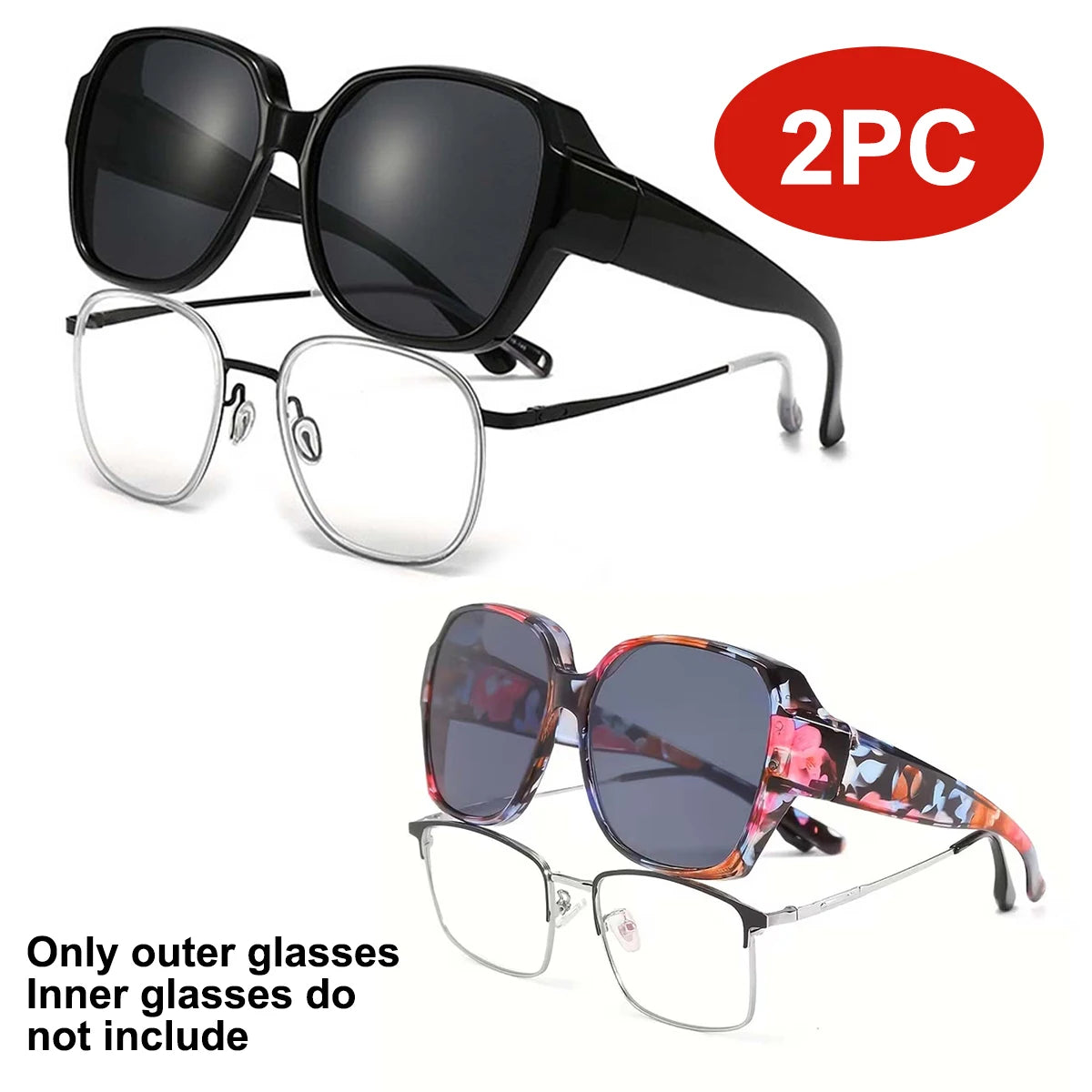 A pair of black wrap-around sunglasses and clear prescription glasses are shown, packaged as a 2 piece set.
