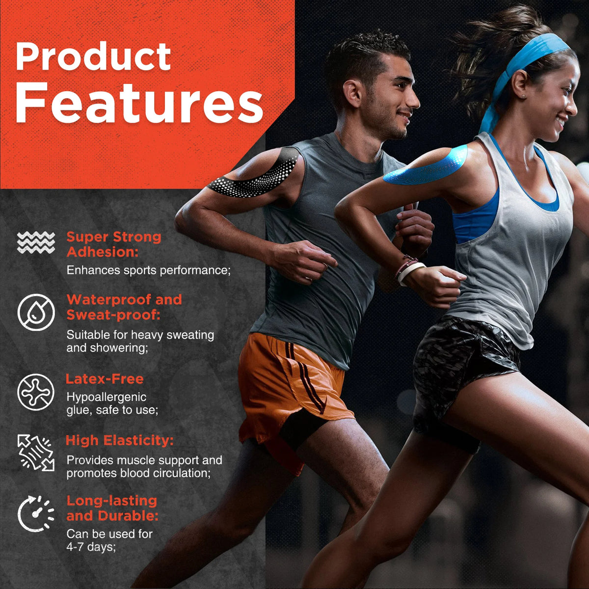 Two people exercising while wearing blue kinesiology tape on their arms and legs.