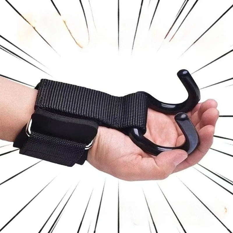 Eine Hand hält einen schwarzen, verstellbaren Gewichthebeflächengriff mit Handgelenkbinden.