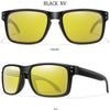 Front view of black NV polarized sunglasses with yellow lenses shown at a 45-degree angle.