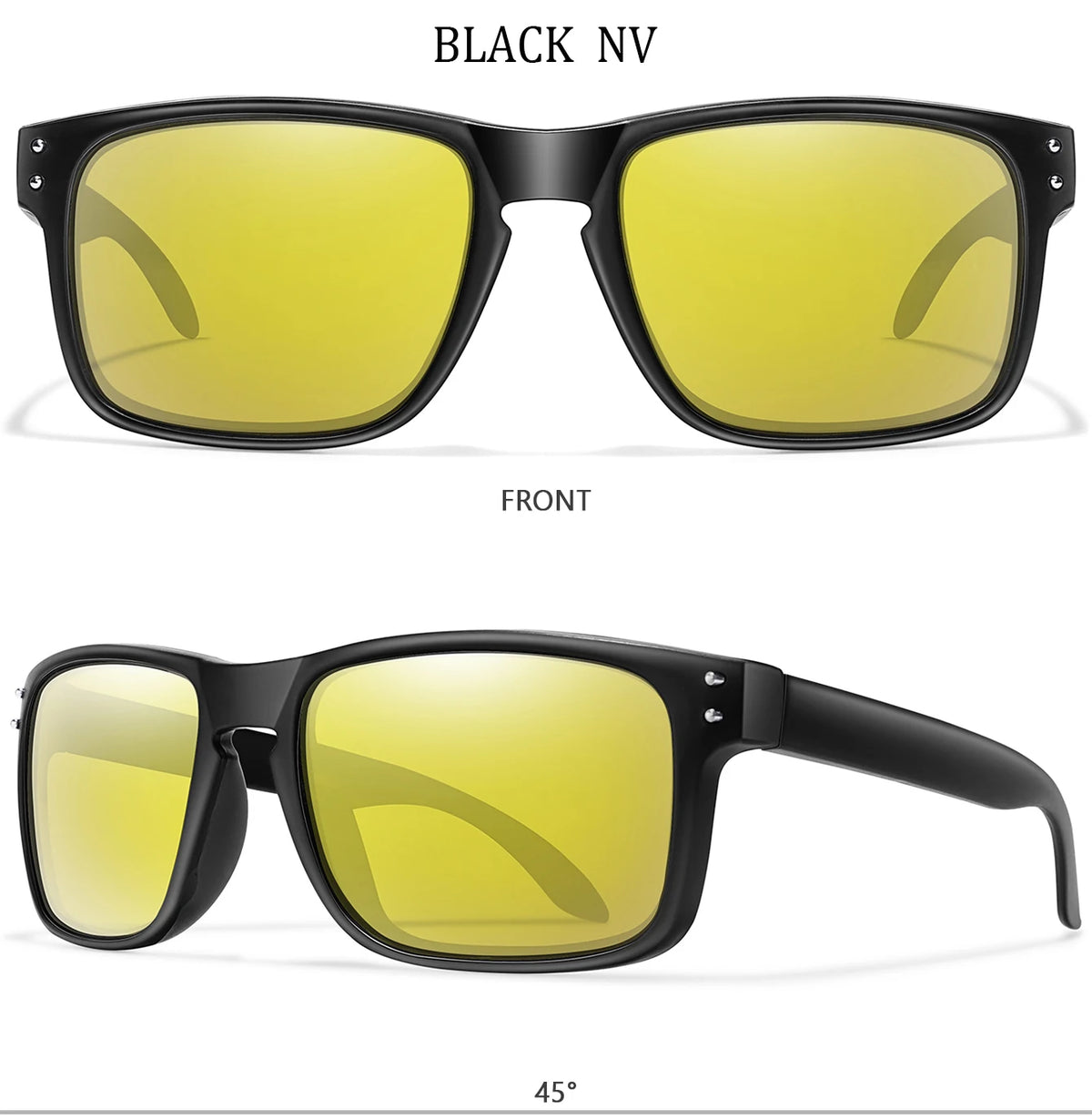 Front view of black NV polarized sunglasses with yellow lenses shown at a 45-degree angle.