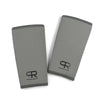 A pair of grey neoprene knee pads for lifting and fitness, shown flat.