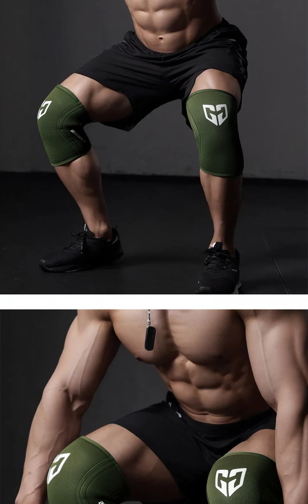 Muscular man wearing black athletic shorts and green compression knee sleeves, posing for a fitness photo.