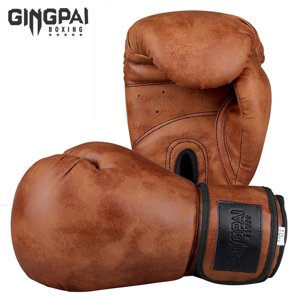 A pair of brown retro PU leather boxing gloves shown in a studio setting.