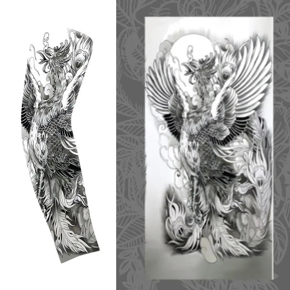 Black and white illustration of a fierce eagle with spread wings on an arm sleeve design.