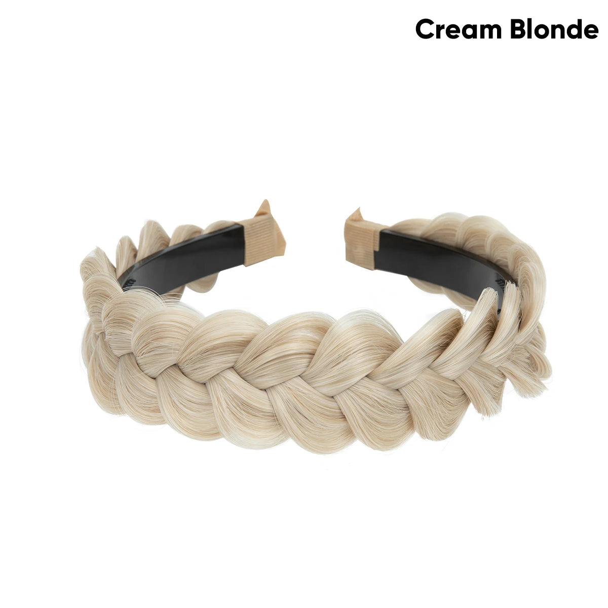 A beige braided hair accessory made of cream blonde hair.