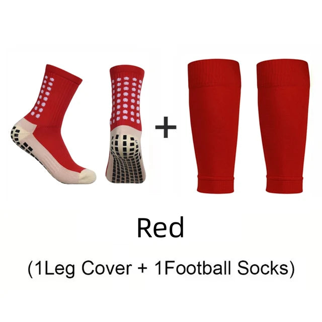 A set of red knee covers and football socks for soccer players