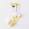 Weiße Strick-Yoga- und Fitnesssocken mit gelben Streifen und Bienenmotiv an der Zehenpartie