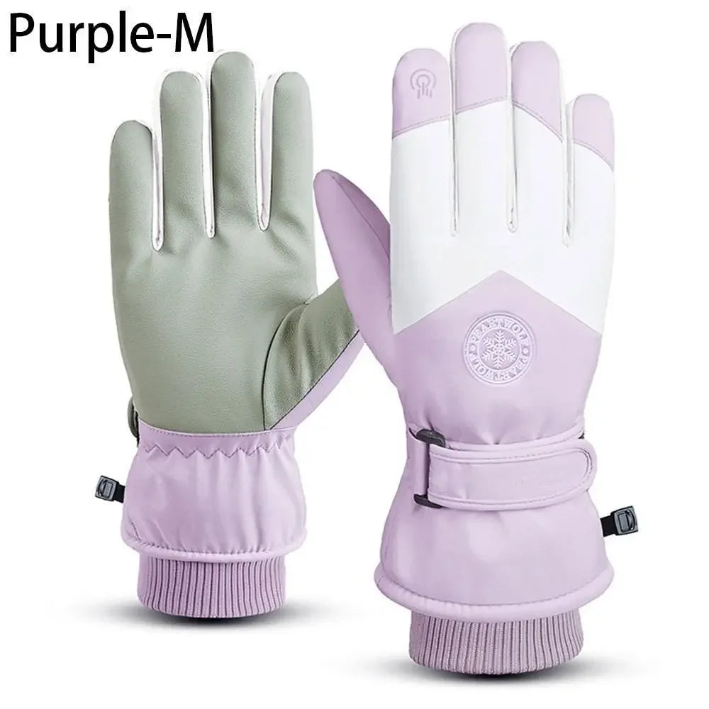 A pair of purple-colored waterproof touchscreen ski gloves shown against a white background.