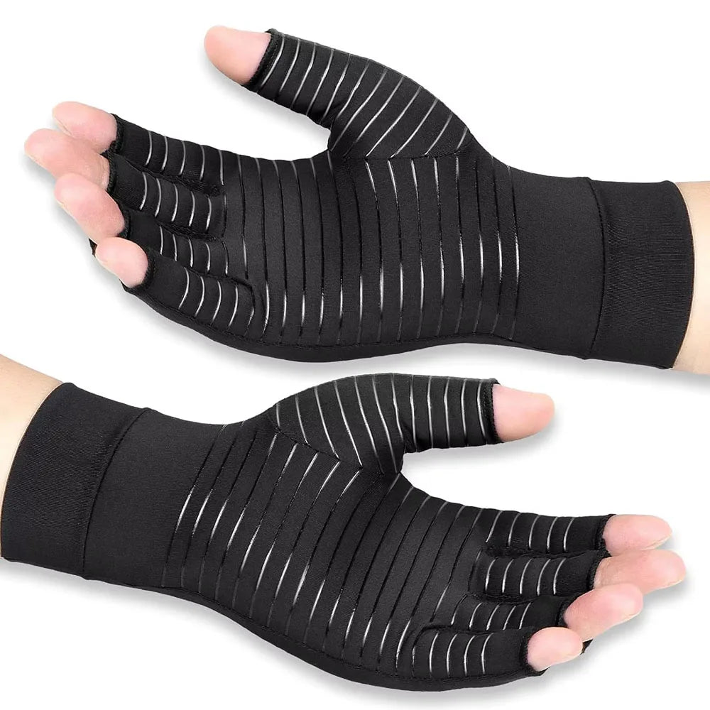 Black compression gloves with silver lines shown on a hand and wrist.