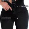 Close-up of a black high waisted shaping legging showing hook closures and breathable fabric features.