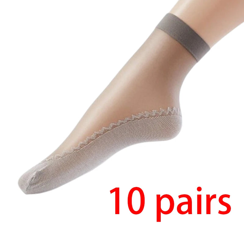 A pair of beige ultra-thin breathable ankle socks shown on a foot and leg.