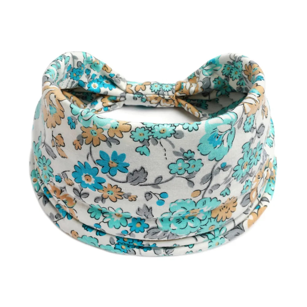 Helles blau-beige Blumenmuster-Baumwoll-Yoga-Haube mit Schleife.