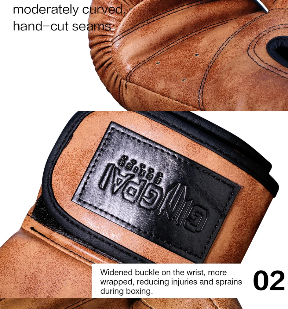 Close-up of a brown leather boxing glove showing hand-cut seams and a black wrist buckle.