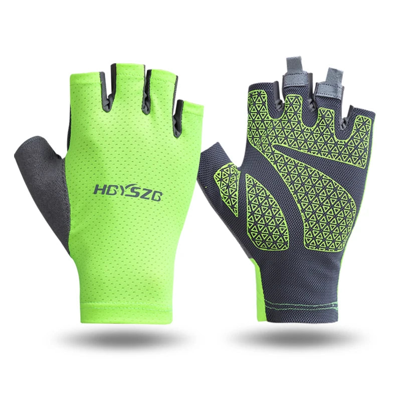 A pair of neon green and dark gray fingerless cycling and fitness gloves shown against a white background.