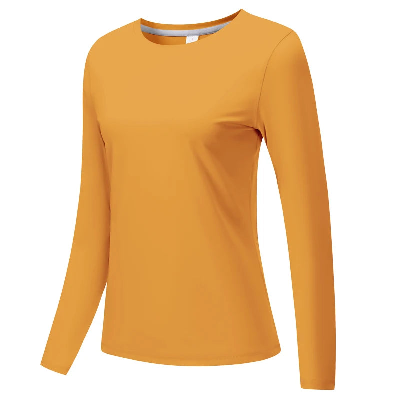 Top de yoga y running naranja sólido, ligero y transpirable de manga larga.