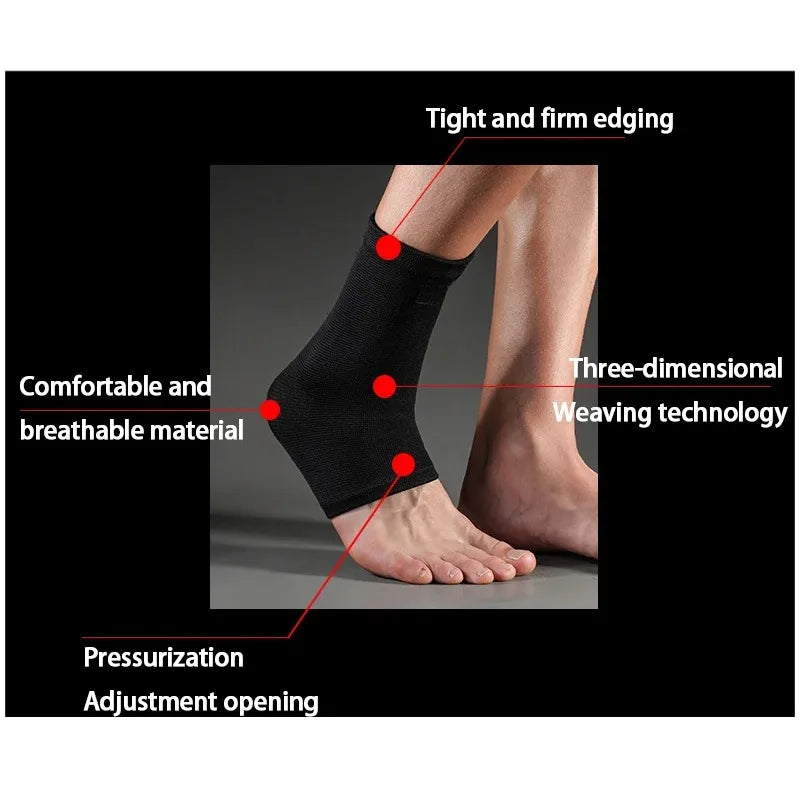Black compression ankle brace demonstrating tight edging, breathable material, pressurization, and adjustment opening.