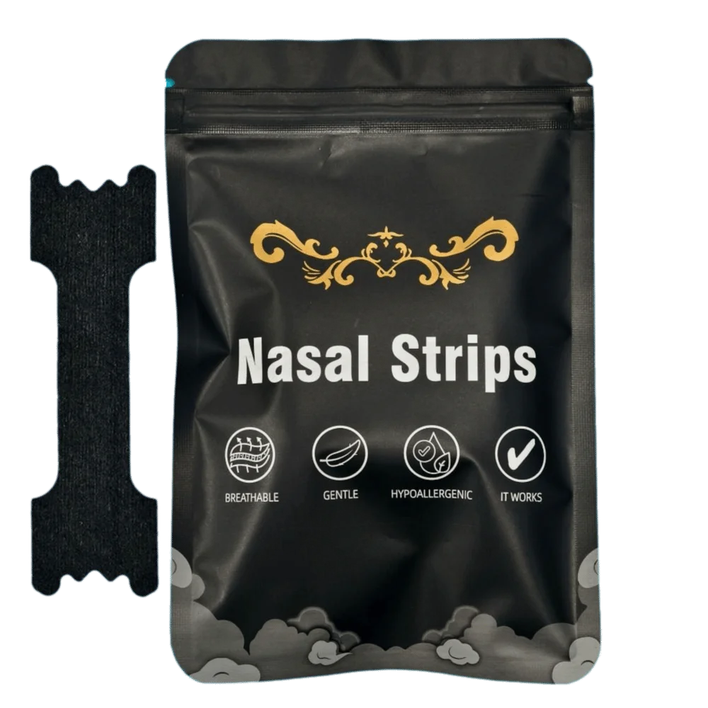 A black pouch of Nasal Strips with labels indicating they are breathable gentle hypoallergenic and effective