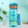 A clear silicone water bottle shaped like a dinosaur, featuring various dinosaur illustrations and an orange lid.
